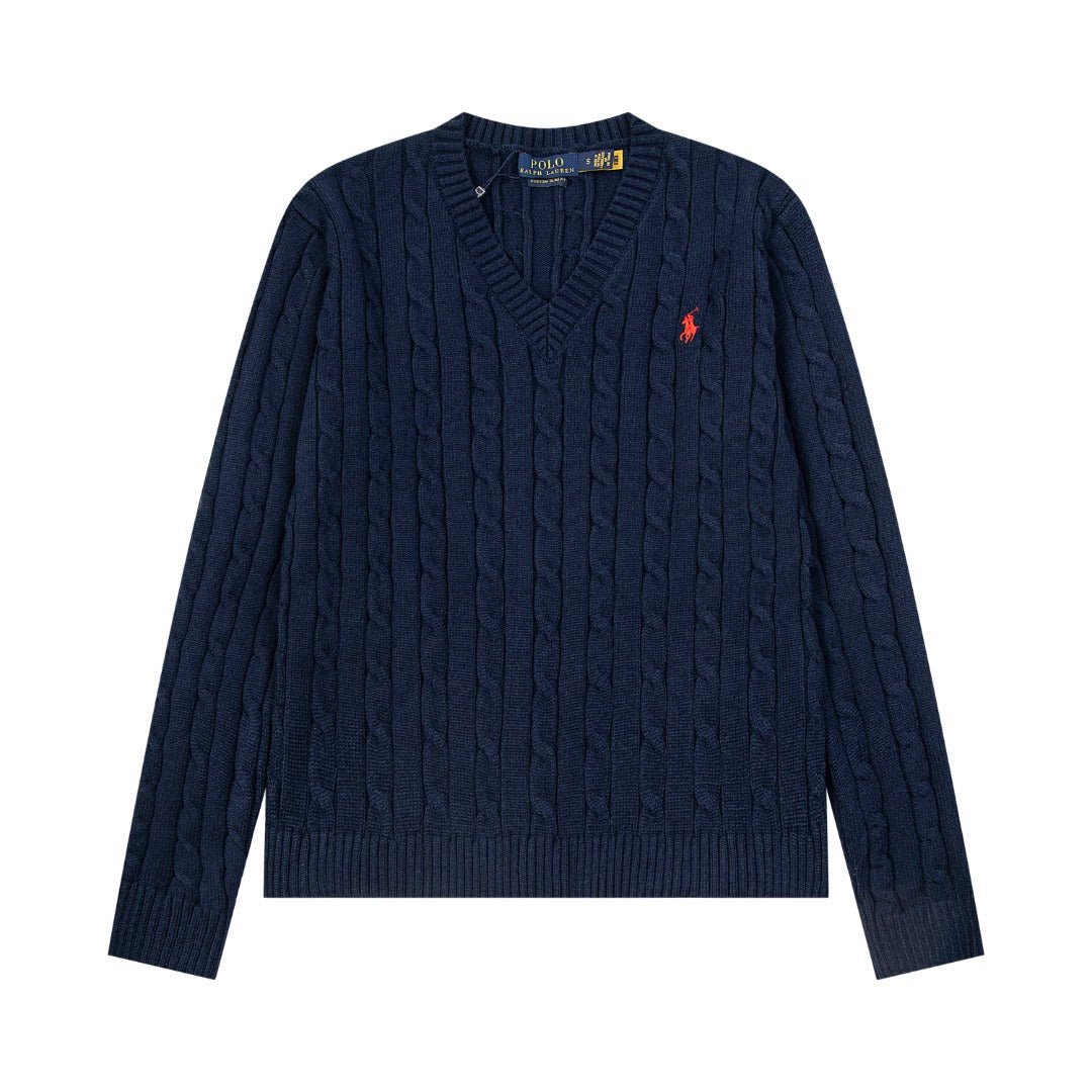 V-neck knitted sweater with twist embroidery