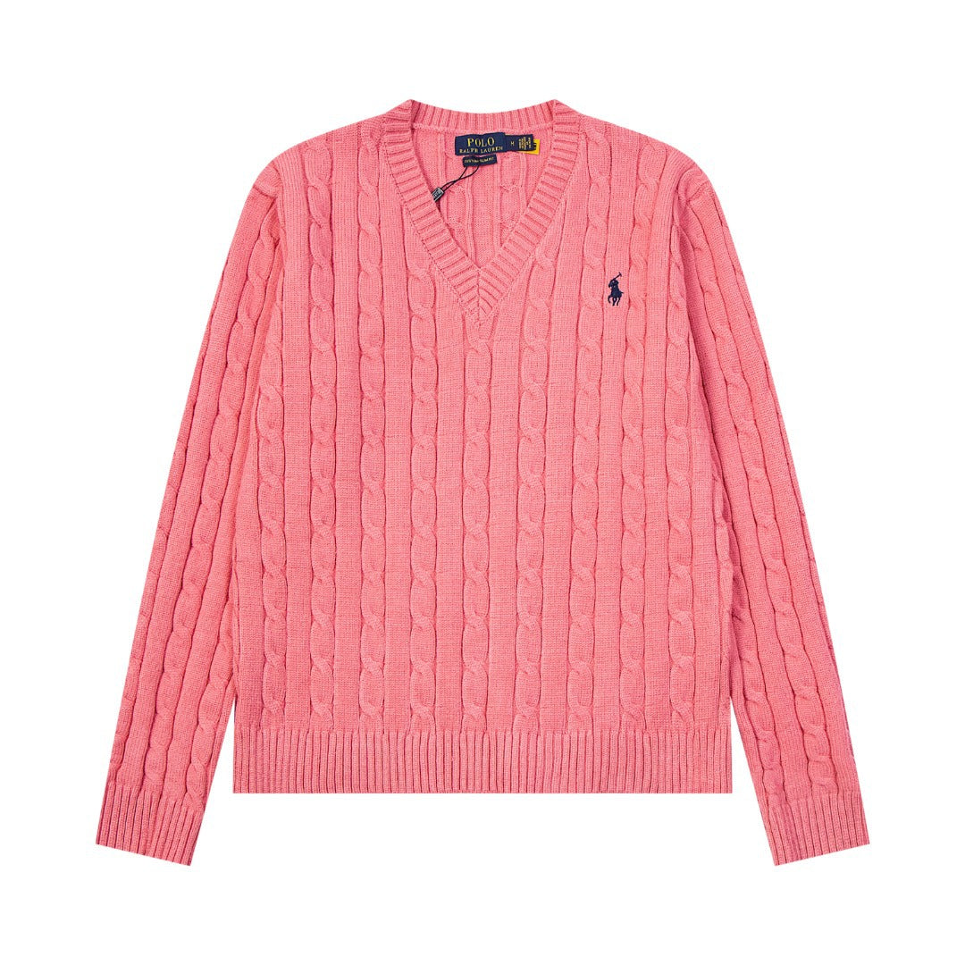 V-neck knitted sweater with twist embroidery